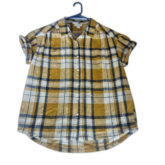 Sundance Small Textured Mustard Plaid Cotton Roll Sleeve Button Up - Picture 2 of 8